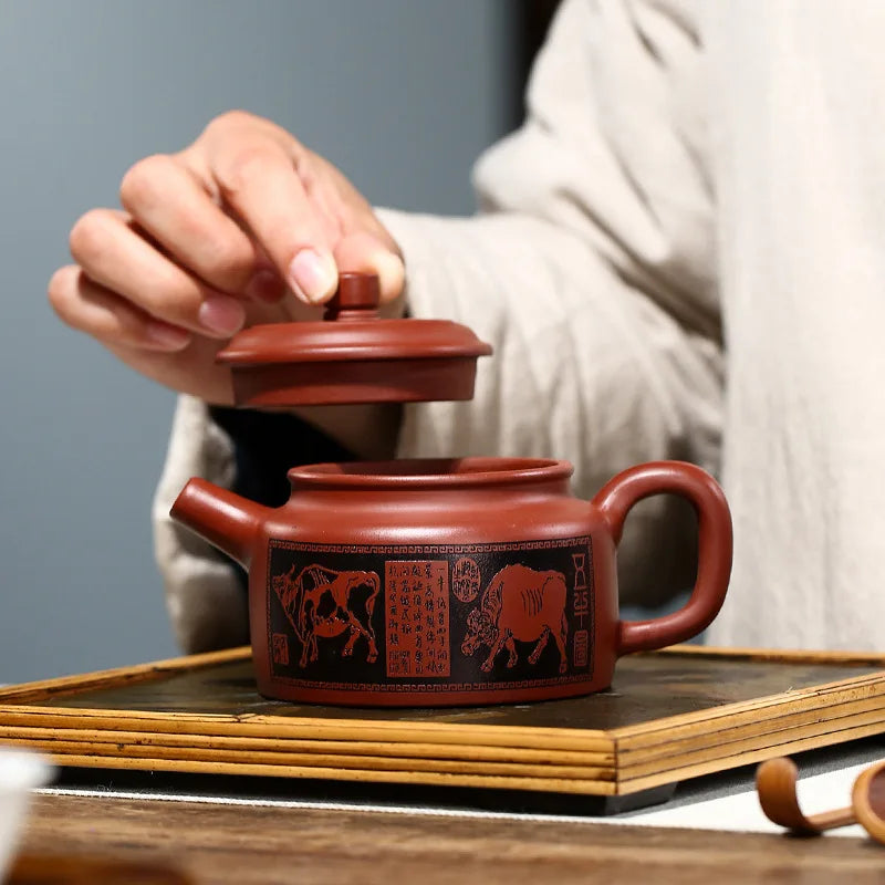 Carved Five Cow  Bell Zisha Teapot, Yixing Handmade Pot, Kung-Fu Teaware, Purple Clay, Drinkware for Puer,Christmas Gift