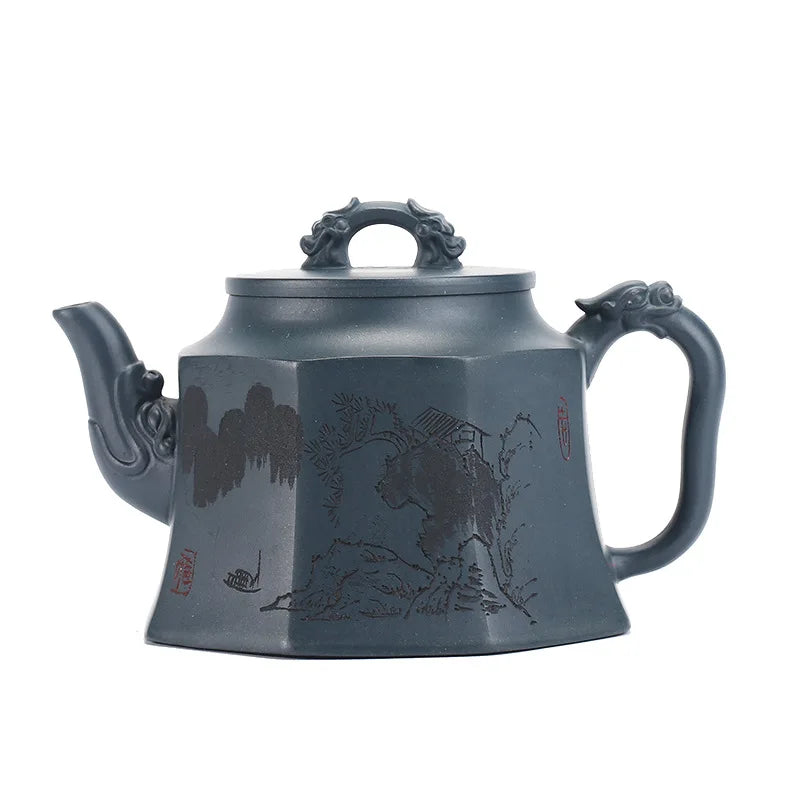 Carved Octagonal Pot, Zisha Teapot, Yixing Handmade Pot, Kung-Fu Teaware, Purple Clay Drinkware for Puer Green and Black
