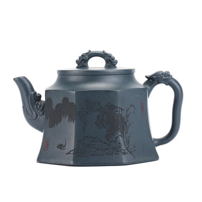 Carved Octagonal Pot, Zisha Teapot, Yixing Handmade Pot, Kung-Fu Teaware, Purple Clay Drinkware for Puer Green and Black