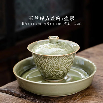 Carved Orchid Tea Tureen Retro Plant Ash Ceramic Gaiwan Set Kung Fu Tea Cups Bowl Small Anti-scalding DrinkingTea Bowl Household