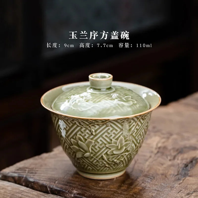 Carved Orchid Tea Tureen Retro Plant Ash Ceramic Gaiwan Set Kung Fu Tea Cups Bowl Small Anti-scalding DrinkingTea Bowl Household