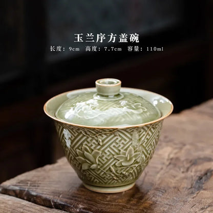 Carved Orchid Tea Tureen Retro Plant Ash Ceramic Gaiwan Set Kung Fu Tea Cups Bowl Small Anti-scalding DrinkingTea Bowl Household