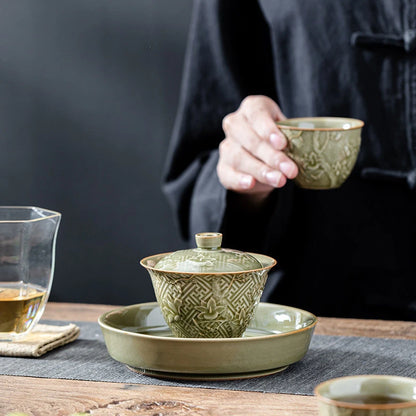 Carved Orchid Tea Tureen Retro Plant Ash Ceramic Gaiwan Set Kung Fu Tea Cups Bowl Small Anti-scalding DrinkingTea Bowl Household