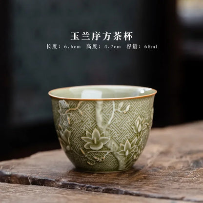 Carved Orchid Tea Tureen Retro Plant Ash Ceramic Gaiwan Set Kung Fu Tea Cups Bowl Small Anti-scalding DrinkingTea Bowl Household