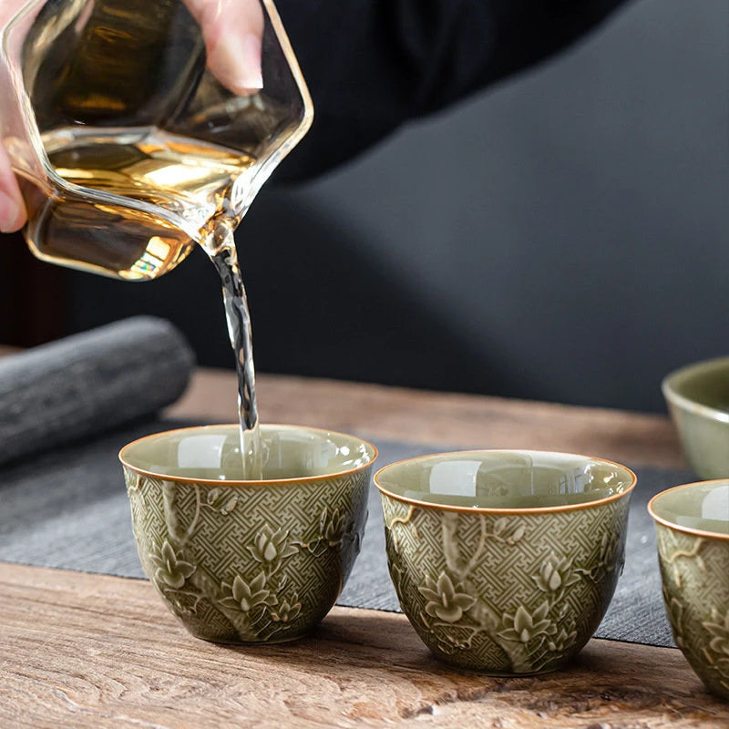 Carved Orchid Tea Tureen Retro Plant Ash Ceramic Gaiwan Set Kung Fu Tea Cups Bowl Small Anti-scalding DrinkingTea Bowl Household