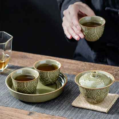 Carved Orchid Tea Tureen Retro Plant Ash Ceramic Gaiwan Set Kung Fu Tea Cups Bowl Small Anti-scalding DrinkingTea Bowl Household