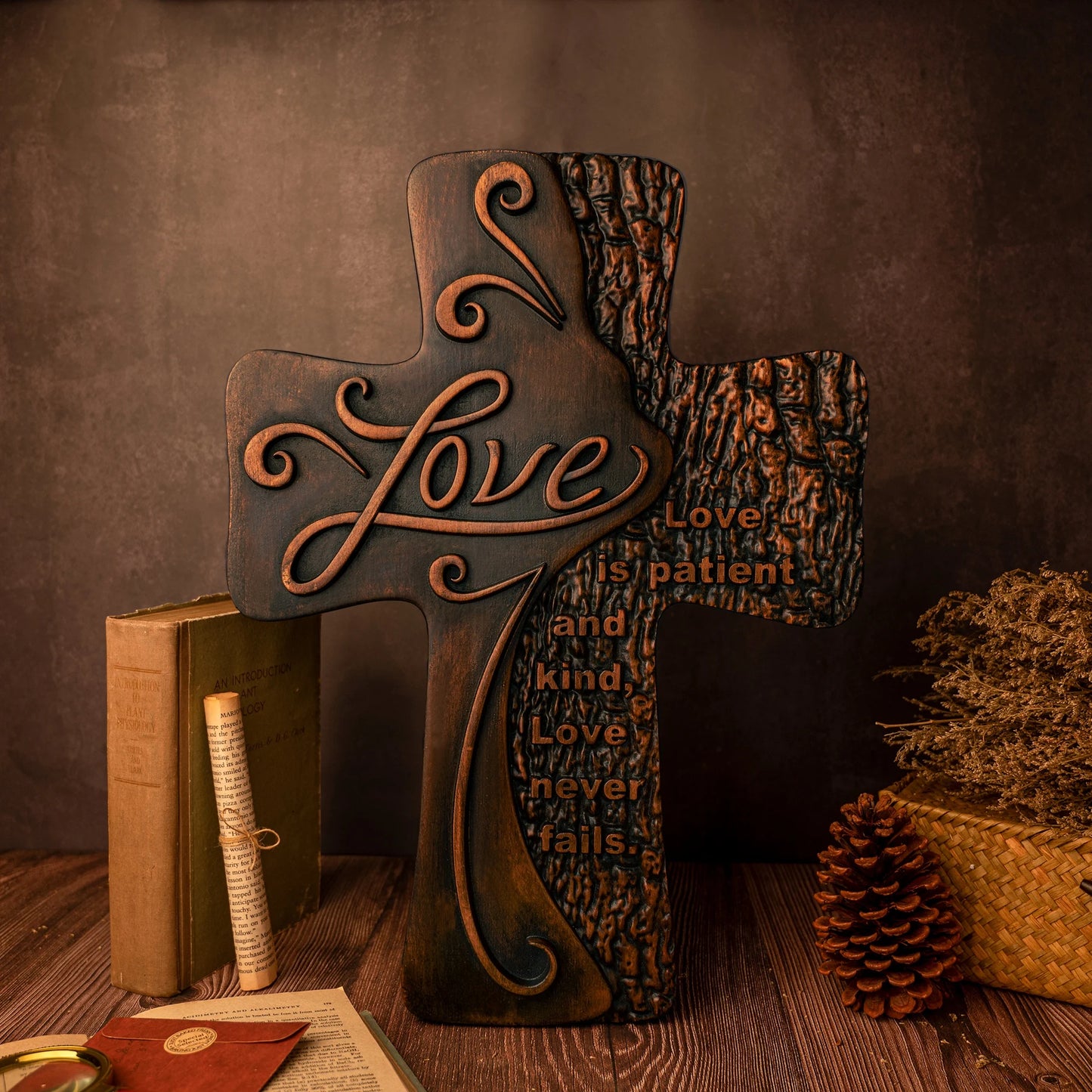 Carved wooden christian cross art love decoration, spiritual wall sign, simple religious desktop sign, inspirational minimalism