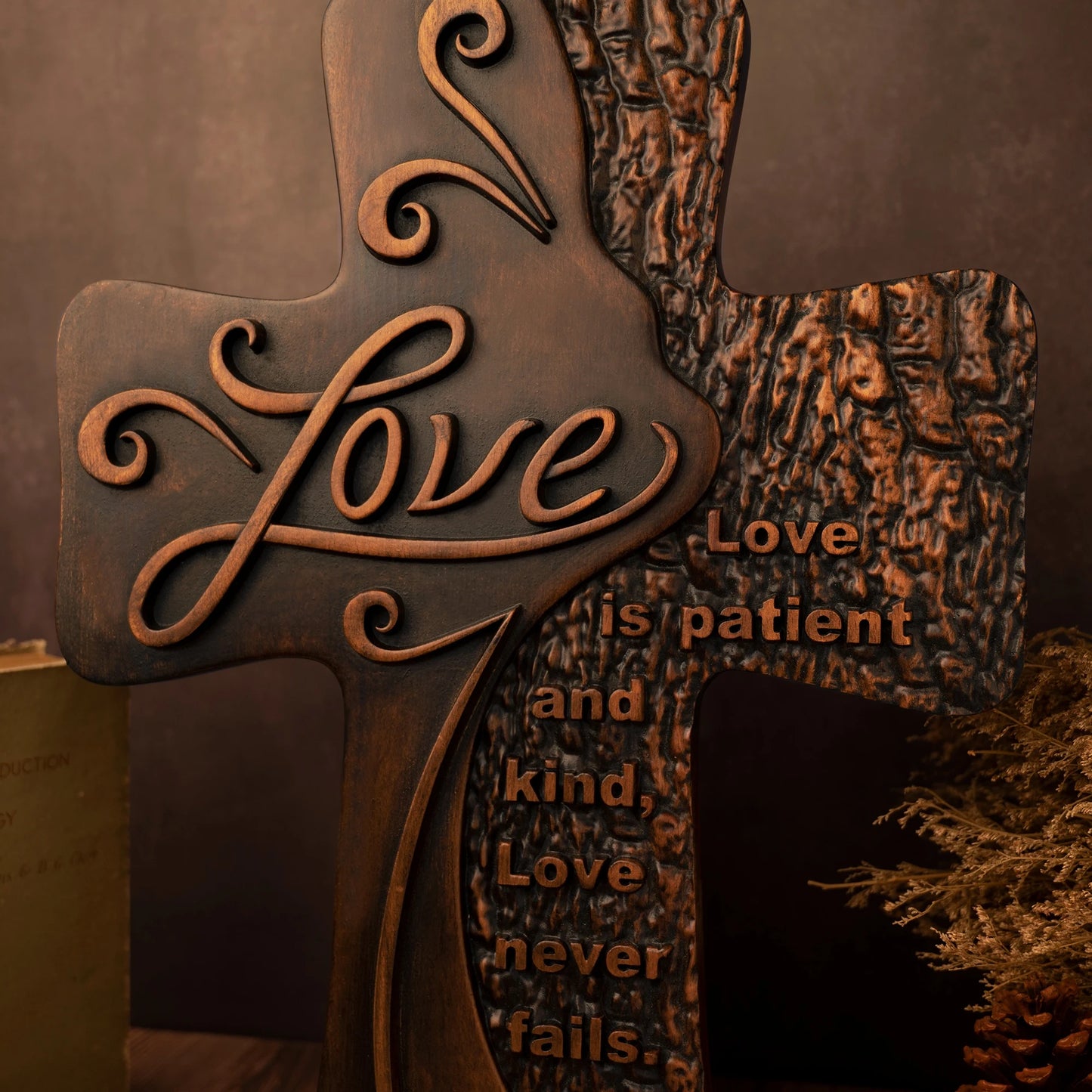 Carved wooden christian cross art love decoration, spiritual wall sign, simple religious desktop sign, inspirational minimalism