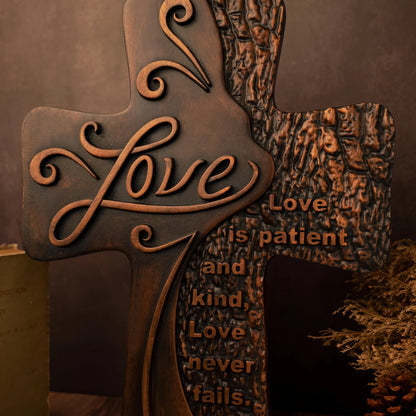 Carved wooden christian cross art love decoration, spiritual wall sign, simple religious desktop sign, inspirational minimalism