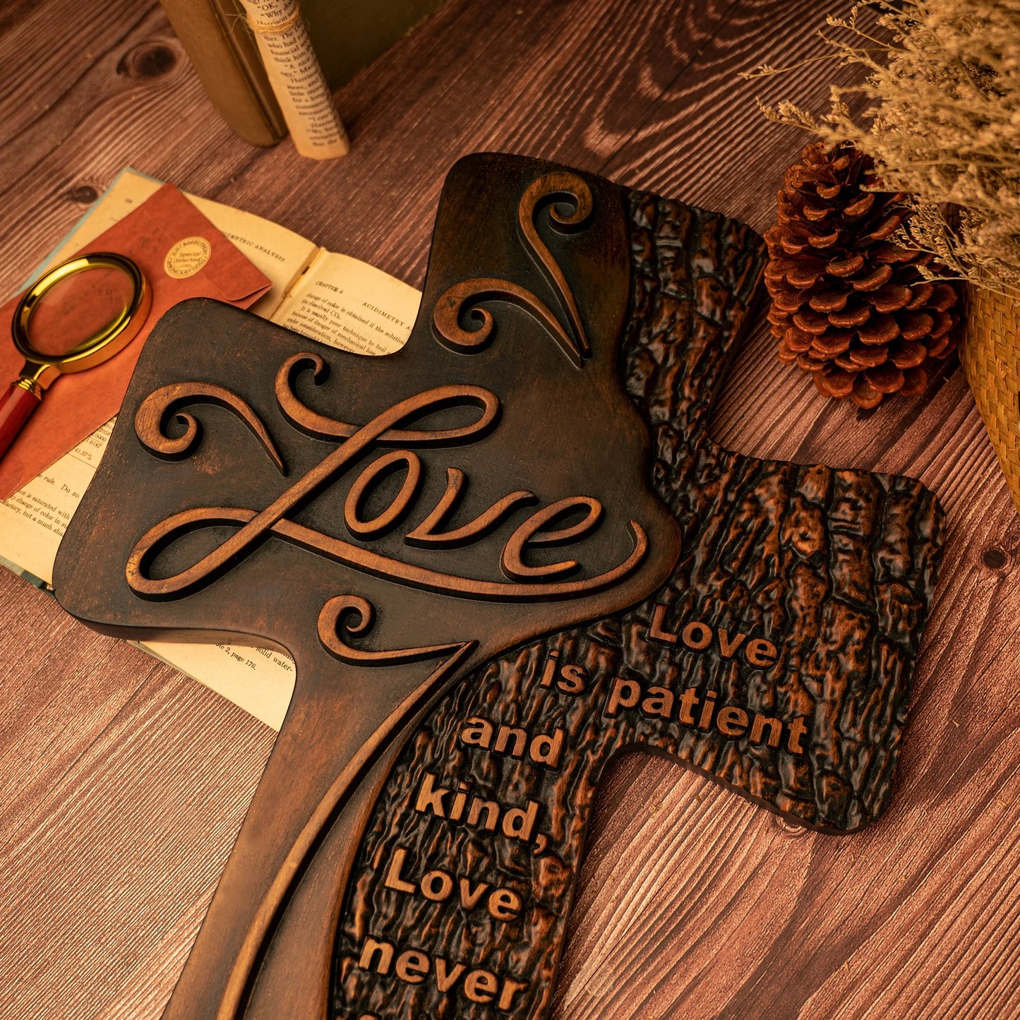 Carved wooden christian cross art love decoration, spiritual wall sign, simple religious desktop sign, inspirational minimalism