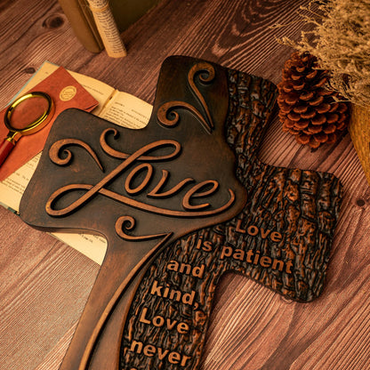 Carved wooden christian cross art love decoration, spiritual wall sign, simple religious desktop sign, inspirational minimalism