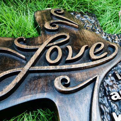 Carved wooden christian cross art love decoration, spiritual wall sign, simple religious desktop sign, inspirational minimalism