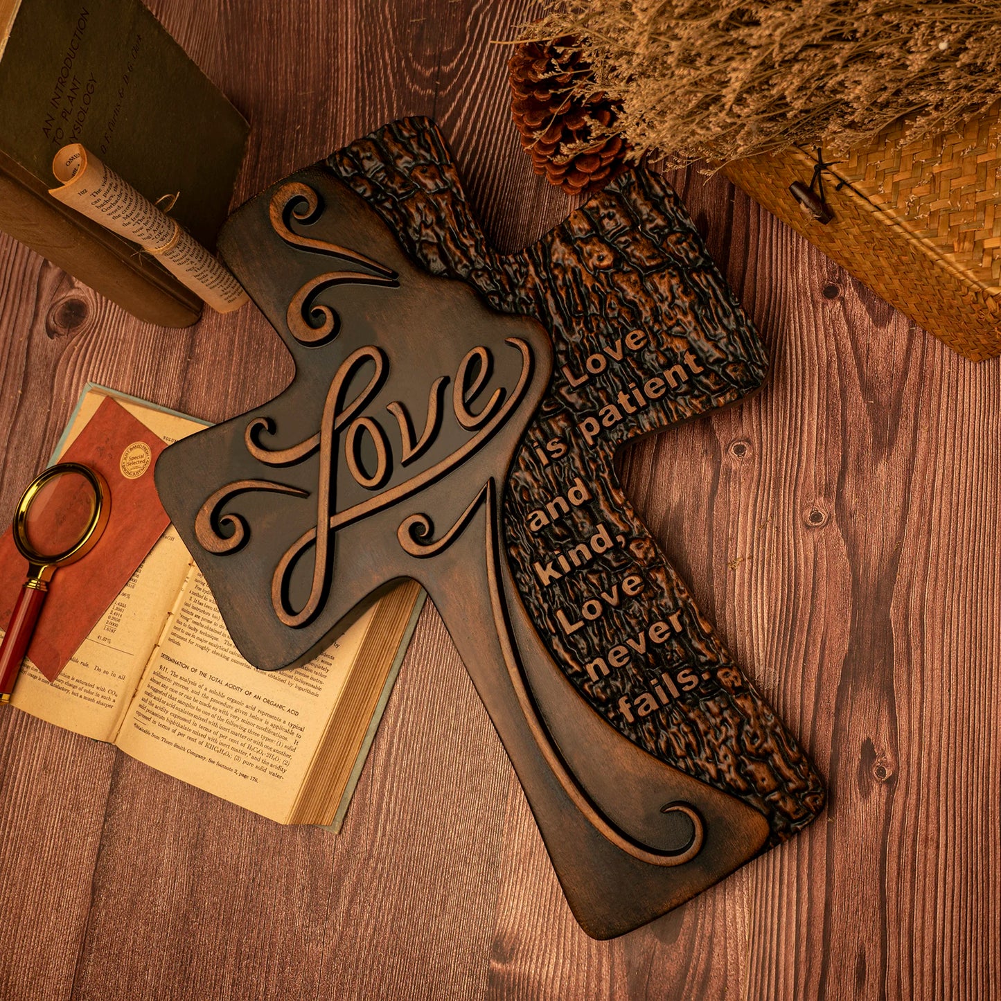 Carved wooden christian cross art love decoration, spiritual wall sign, simple religious desktop sign, inspirational minimalism
