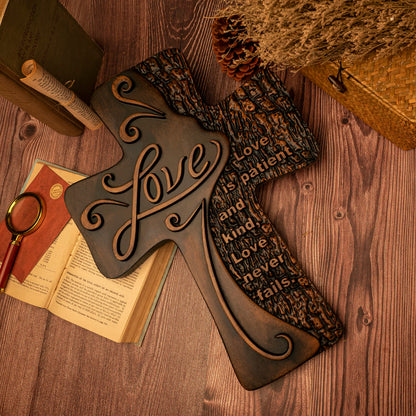 Carved wooden christian cross art love decoration, spiritual wall sign, simple religious desktop sign, inspirational minimalism