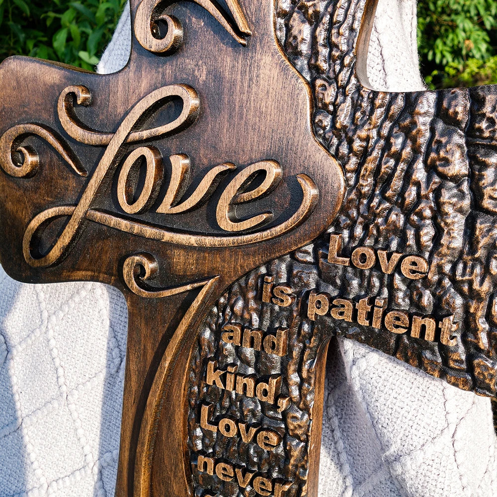 Carved wooden christian cross art love decoration, spiritual wall sign, simple religious desktop sign, inspirational minimalism