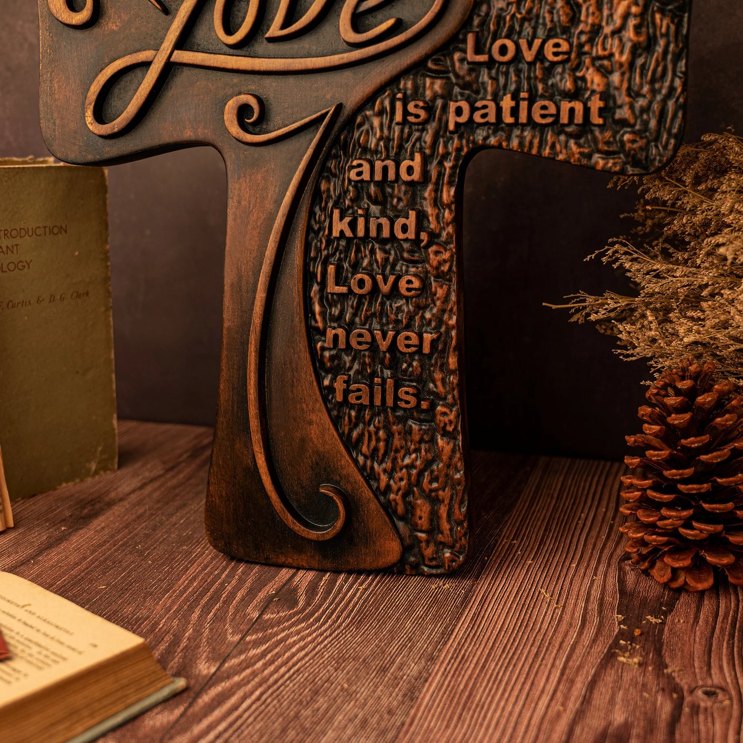 Carved wooden christian cross art love decoration, spiritual wall sign, simple religious desktop sign, inspirational minimalism