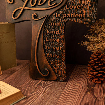 Carved wooden christian cross art love decoration, spiritual wall sign, simple religious desktop sign, inspirational minimalism