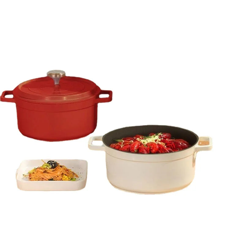 Cast Iron Soup Pot with Lid, Heavy Duty Stock Pot for Perfect Cooking and Stew, Non-Stick Interior, 4 Quart Red