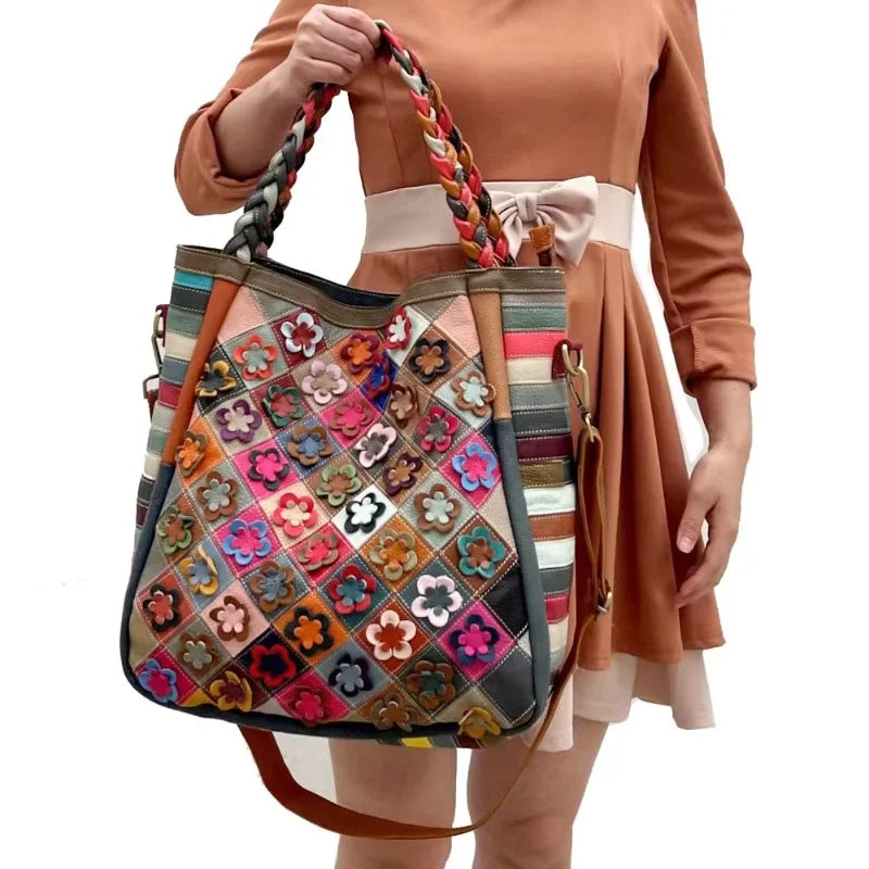Casual All-match Retro Handbags Large Capacity Genuine Leather Argyle Pacthwork Floral Crossbody Shoulder Bag Practical Purses