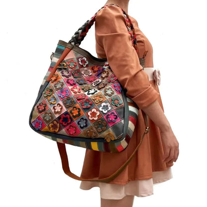 Casual All-match Retro Handbags Large Capacity Genuine Leather Argyle Pacthwork Floral Crossbody Shoulder Bag Practical Purses