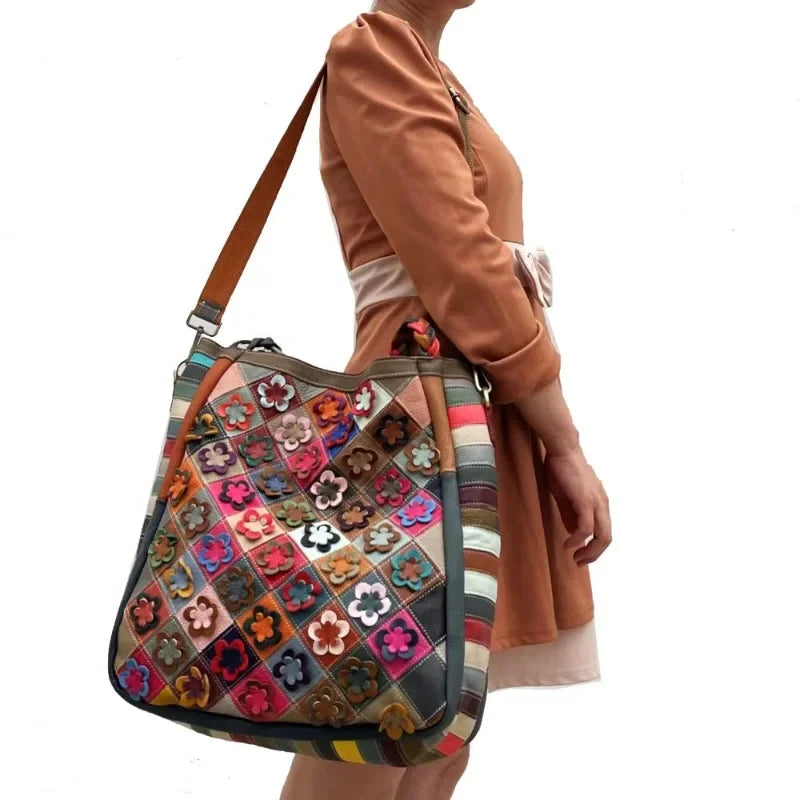 Casual All-match Retro Handbags Large Capacity Genuine Leather Argyle Pacthwork Floral Crossbody Shoulder Bag Practical Purses