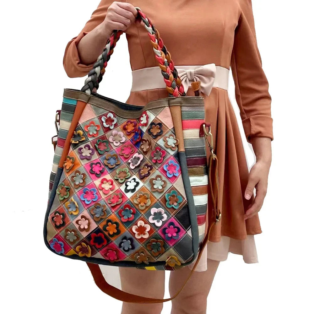 Casual All-match Retro Handbags Large Capacity Genuine Leather Argyle Pacthwork Floral Crossbody Shoulder Bag Practical Purses
