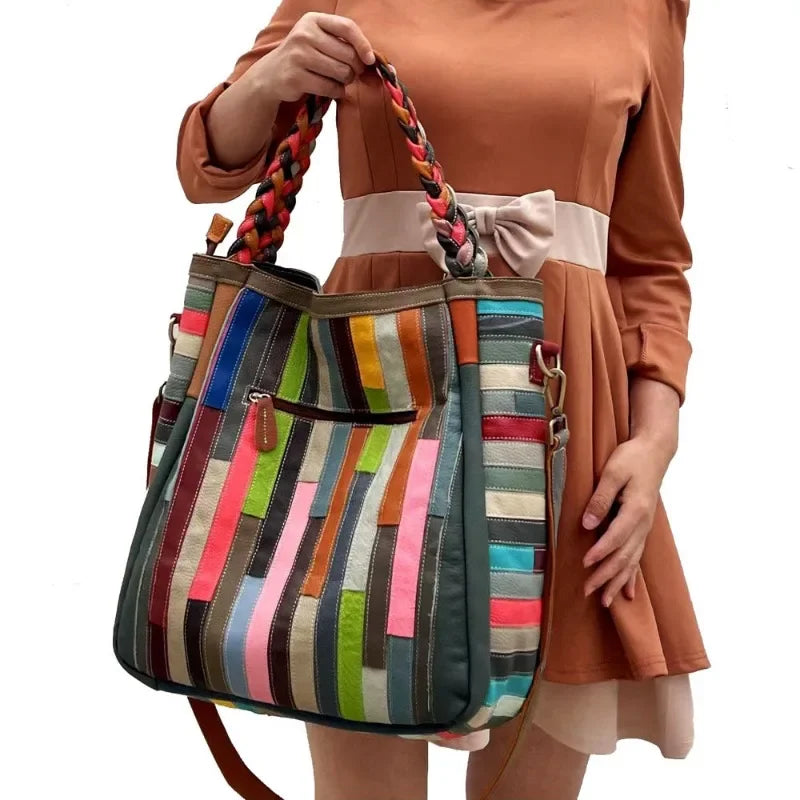Casual All-match Retro Handbags Large Capacity Genuine Leather Argyle Pacthwork Floral Crossbody Shoulder Bag Practical Purses