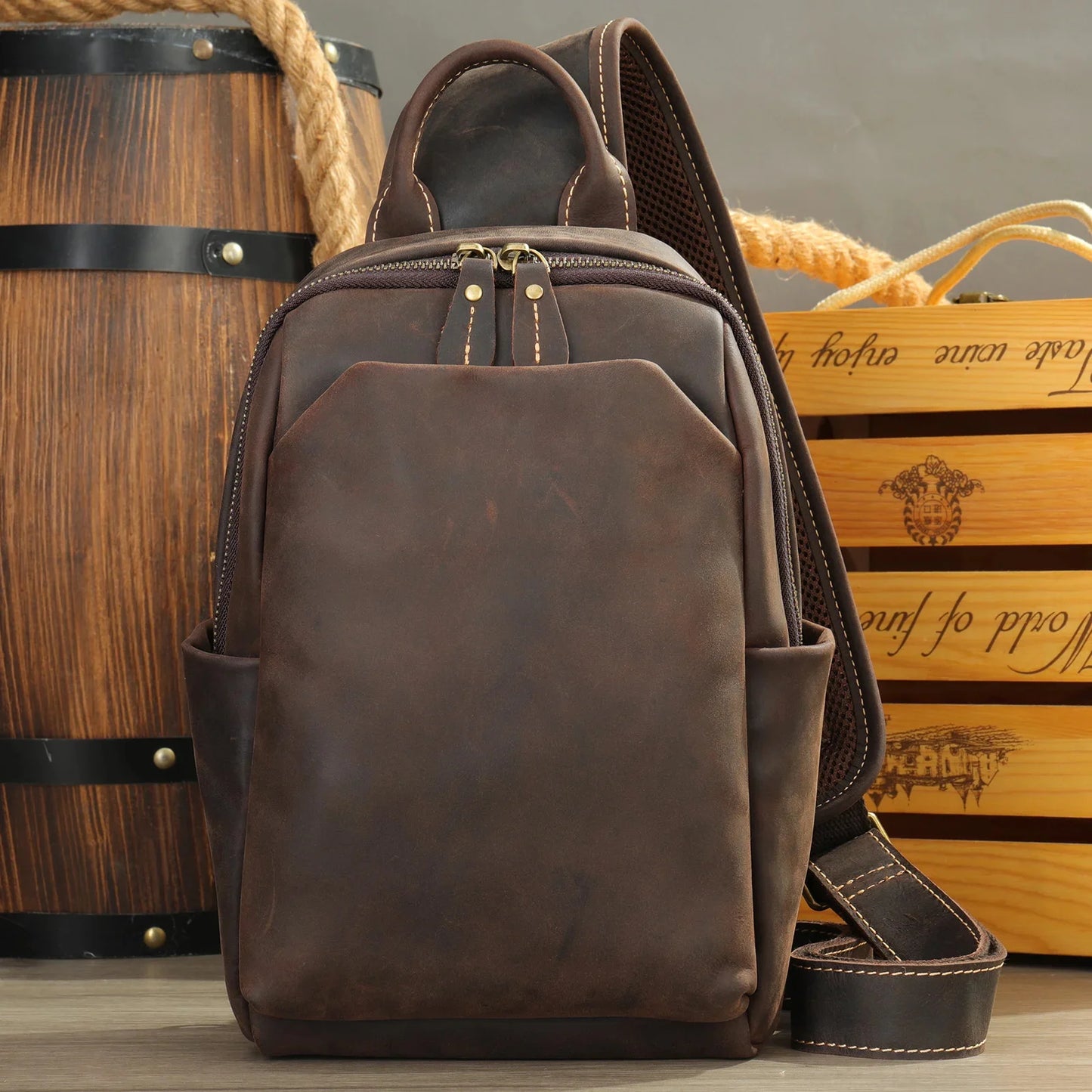 Casual Crazy Horse Leather Luxury Men Business Shoulder Large Capacity Chest Pack Male Crossbody Bag