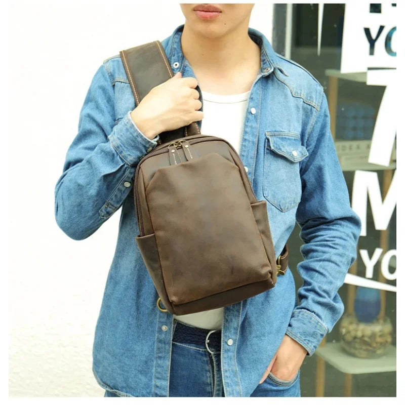 Casual Crazy Horse Leather Luxury Men Business Shoulder Large Capacity Chest Pack Male Crossbody Bag