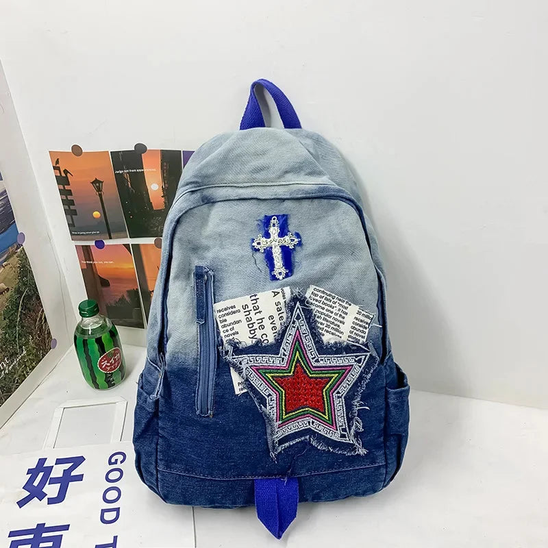 Casual Denim Women's Cartoon Sweet Student School Bag For Girls Fashion Small Ladies Travel Backpack