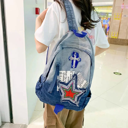 Casual Denim Women's Cartoon Sweet Student School Bag For Girls Fashion Small Ladies Travel Backpack
