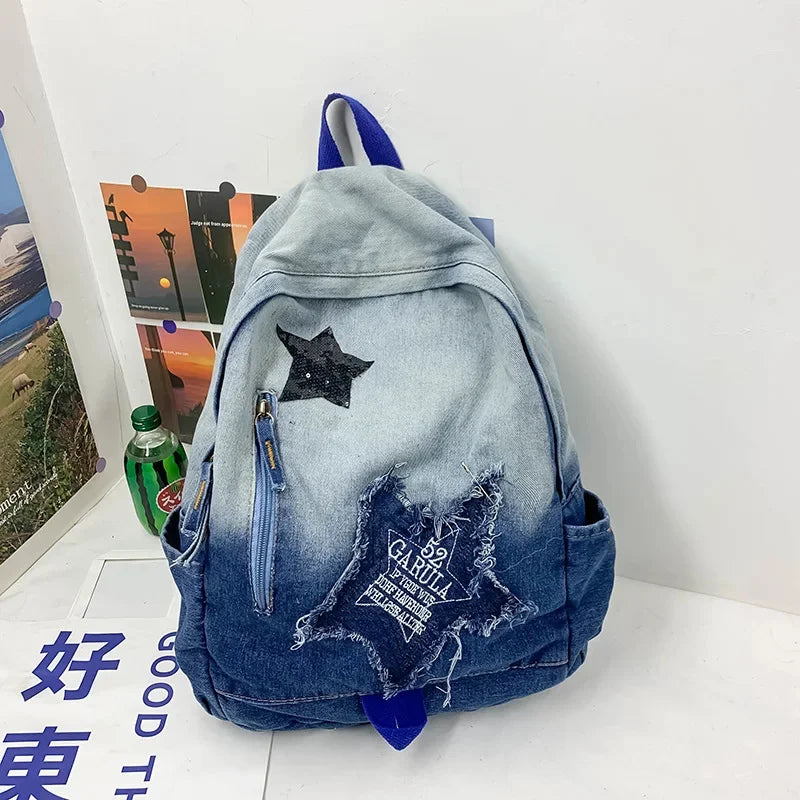 Casual Denim Women's Cartoon Sweet Student School Bag For Girls Fashion Small Ladies Travel Backpack
