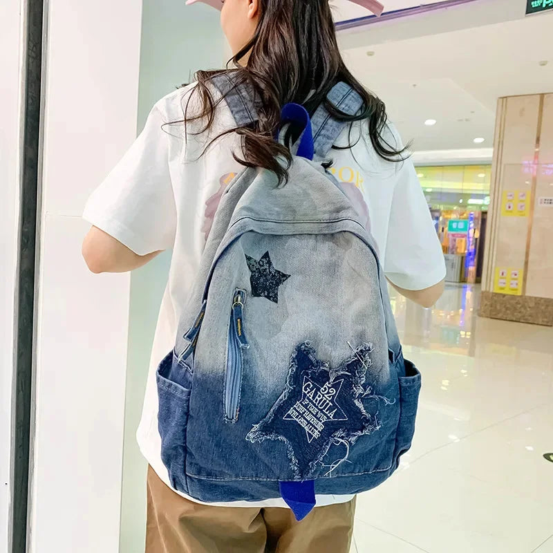 Casual Denim Women's Cartoon Sweet Student School Bag For Girls Fashion Small Ladies Travel Backpack