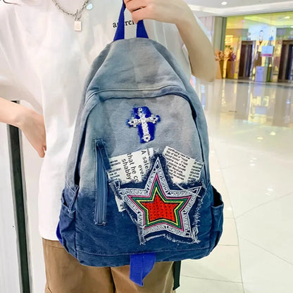 Casual Denim Women's Cartoon Sweet Student School Bag For Girls Fashion Small Ladies Travel Backpack