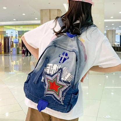 Casual Denim Women's Cartoon Sweet Student School Bag For Girls Fashion Small Ladies Travel Backpack