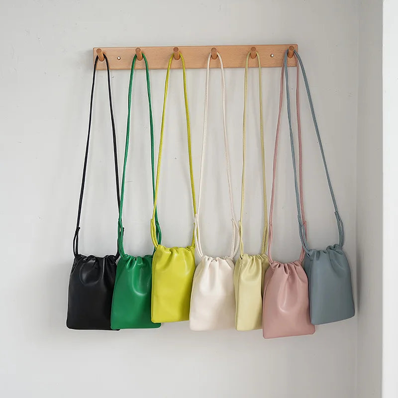 Casual Drawstring Bag Style Women Crossbody Bag Candy Color Lady Mini Bucket Bag for Mobile Phone Female Shoulder Purse Wallet