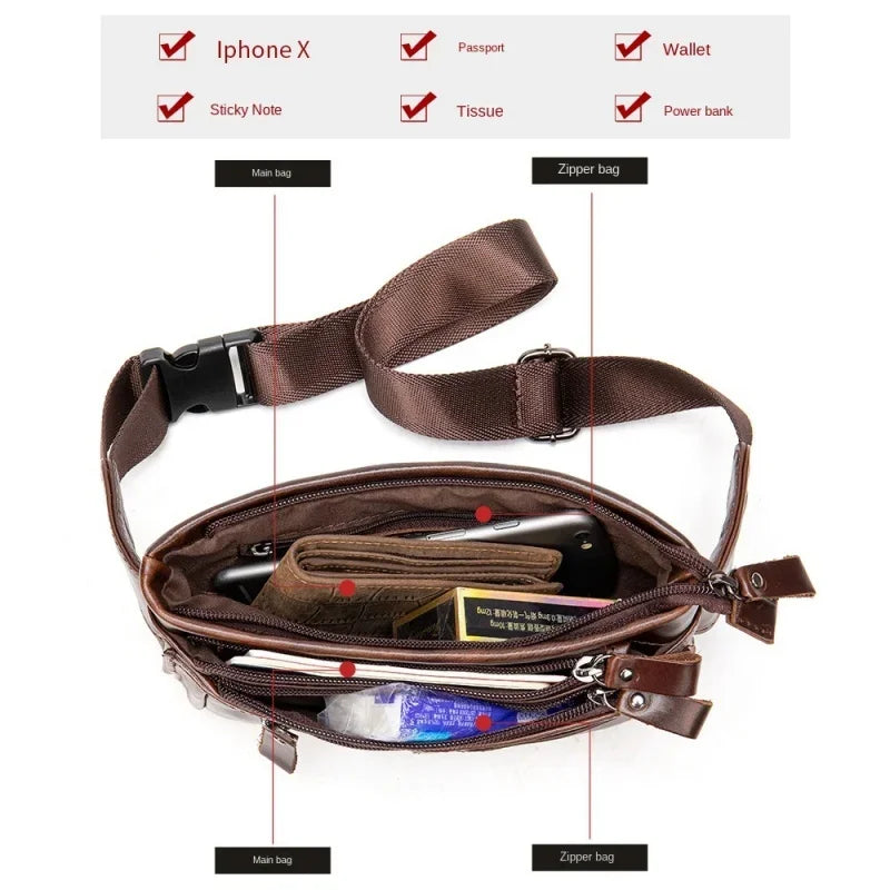 Casual Genuine Waist Men Belt Pouch lWaist Cowhide Leather Crossbody Travel Pack Male Chest Bag