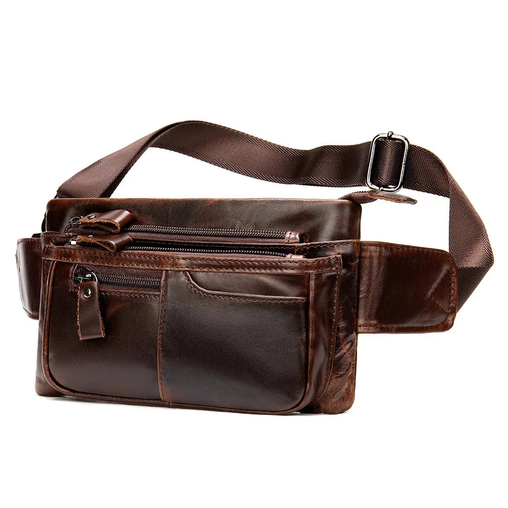 Casual Genuine Waist Men Belt Pouch lWaist Cowhide Leather Crossbody Travel Pack Male Chest Bag