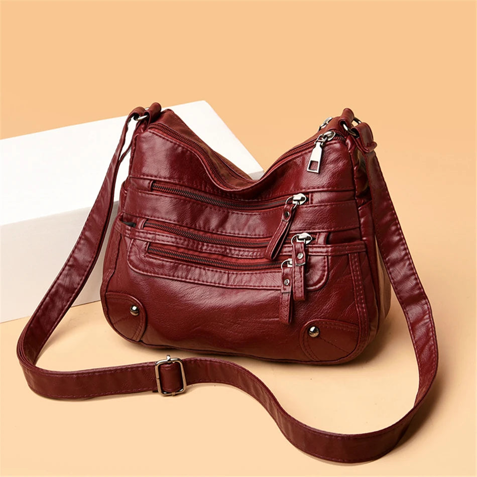 Casual Many Pockets High Quality PU Leather Women Shoulder Bags Luxury Handbags Women Simple Crossbody Bags Designer Sac A Main