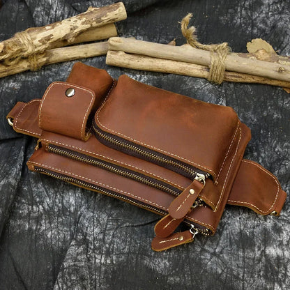 Casual Men's Leather Outdoor Belt pouch Anti Theft Men Male Waist pack Bum Bag Fanny Pack 3 Zipper