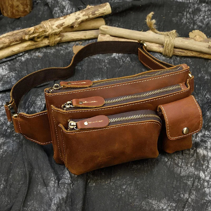 Casual Men's Leather Outdoor Belt pouch Anti Theft Men Male Waist pack Bum Bag Fanny Pack 3 Zipper
