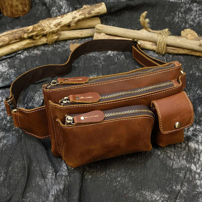 Casual Men's Leather Outdoor Belt pouch Anti Theft Men Male Waist pack Bum Bag Fanny Pack 3 Zipper