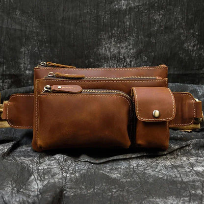Casual Men's Leather Outdoor Belt pouch Anti Theft Men Male Waist pack Bum Bag Fanny Pack 3 Zipper