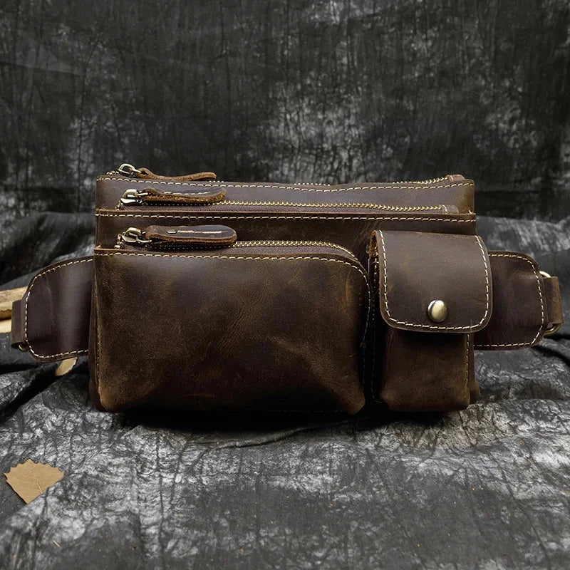 Casual Men's Leather Outdoor Belt pouch Anti Theft Men Male Waist pack Bum Bag Fanny Pack 3 Zipper