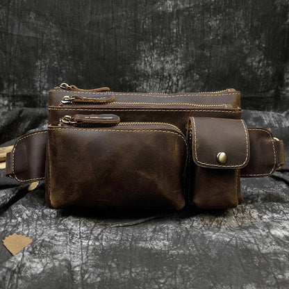Casual Men's Leather Outdoor Belt pouch Anti Theft Men Male Waist pack Bum Bag Fanny Pack 3 Zipper