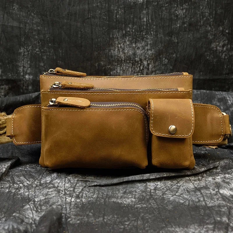 Casual Men's Leather Outdoor Belt pouch Anti Theft Men Male Waist pack Bum Bag Fanny Pack 3 Zipper