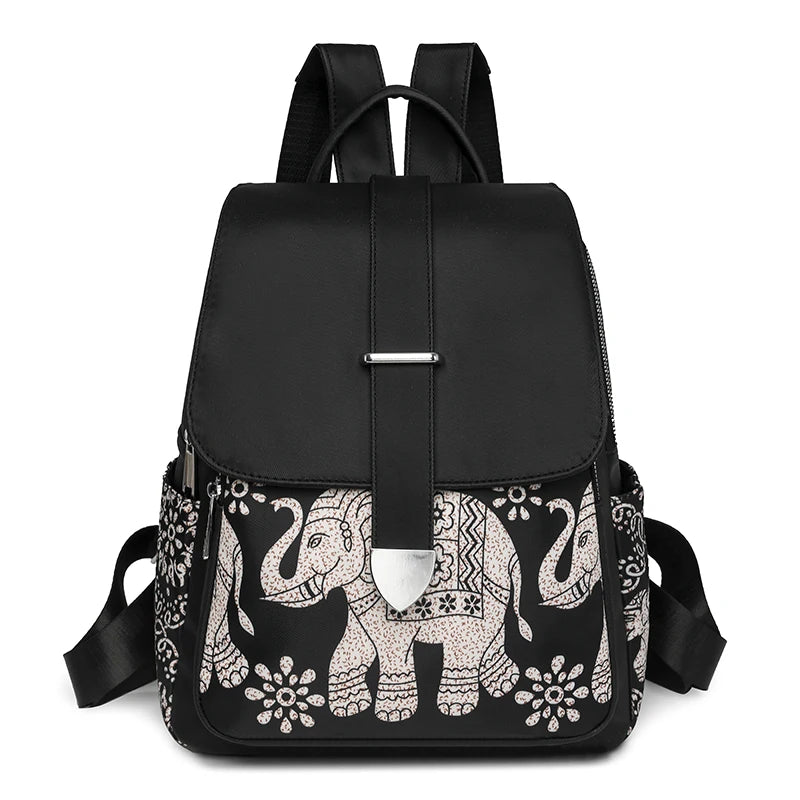 Casual Multifunctional Anti-Theft Women's Backpack Fashion Nylon Elephant Tree Printed Large Capacity Travel Shoulder Bag Sac