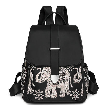 Casual Multifunctional Anti-Theft Women's Backpack Fashion Nylon Elephant Tree Printed Large Capacity Travel Shoulder Bag Sac