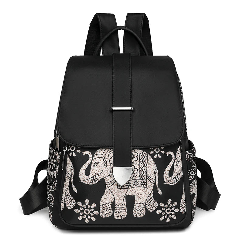 Casual Multifunctional Anti-Theft Women's Backpack Fashion Nylon Elephant Tree Printed Large Capacity Travel Shoulder Bag Sac