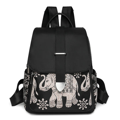 Casual Multifunctional Anti-Theft Women's Backpack Fashion Nylon Elephant Tree Printed Large Capacity Travel Shoulder Bag Sac